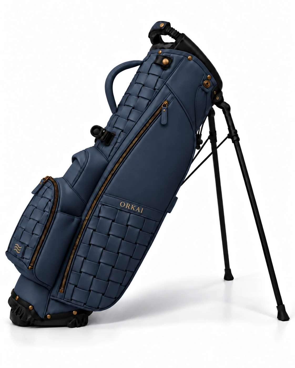 ORKAI™ Caddie woven leather golf bag in Estate Blue, Right Side Stand Open view