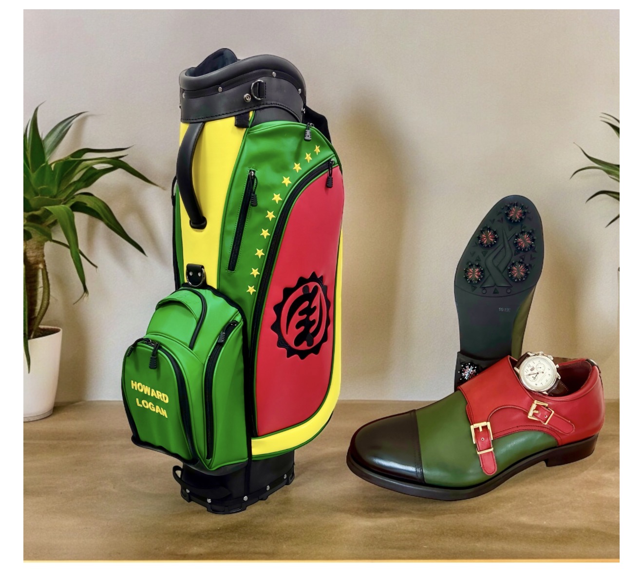 ORKAI custom golf bag and matching red, green and black monk shoe