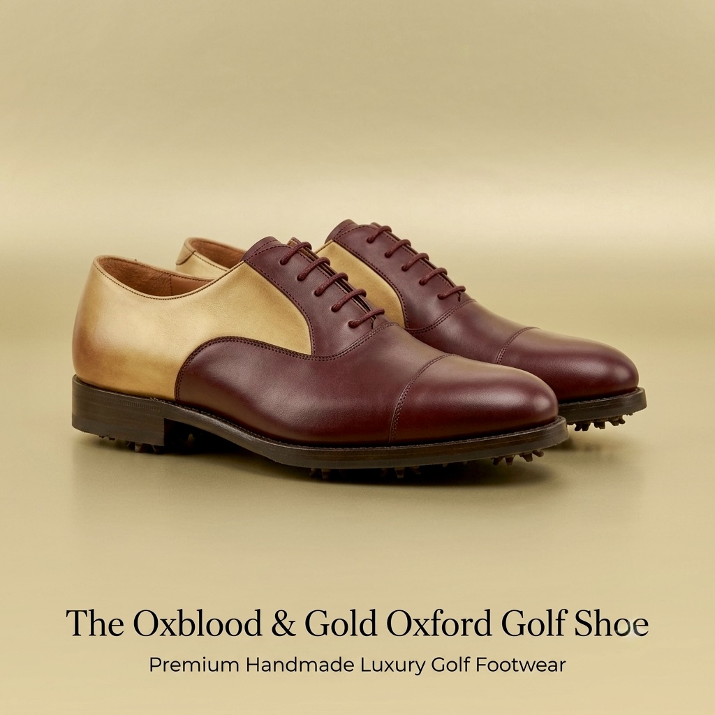 Oxblood and gold captoe oxford golf shoe