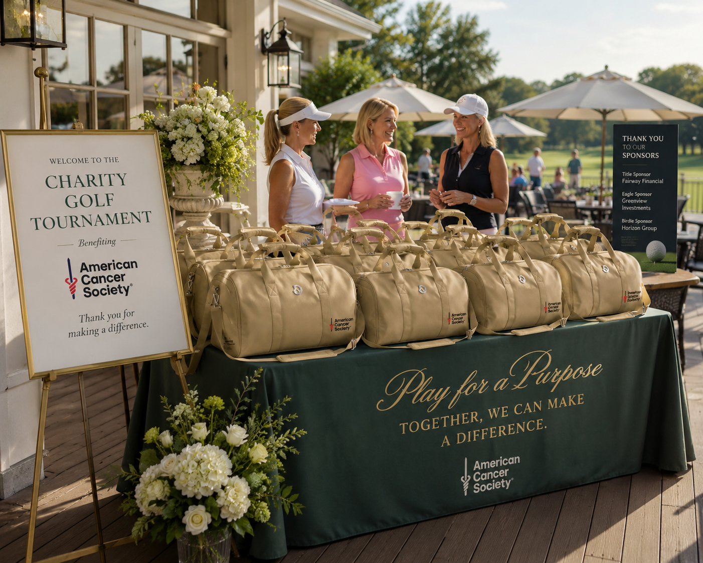 American Cancer Society charity golf tournament — embroidered tan duffles presented as tee gifts