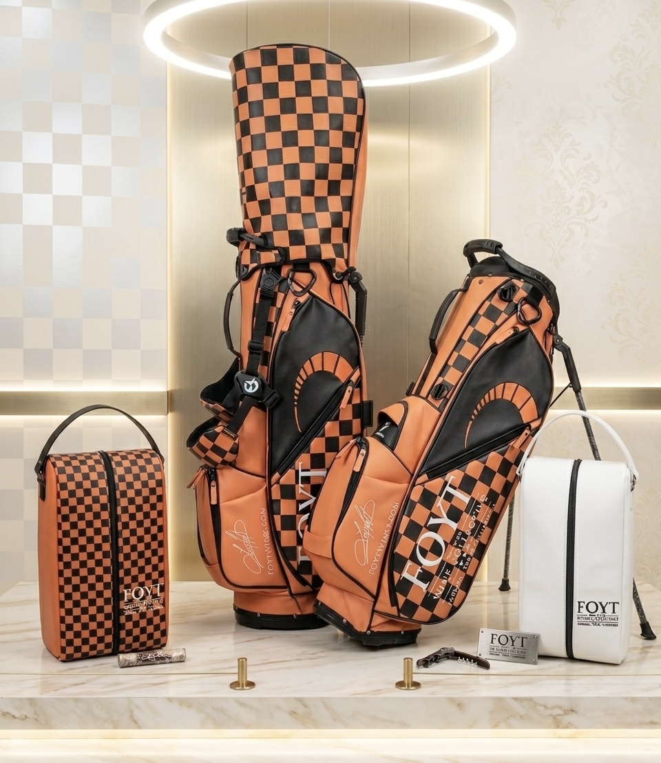 Elite branding suite — cart bag and double wine case in signature checker
