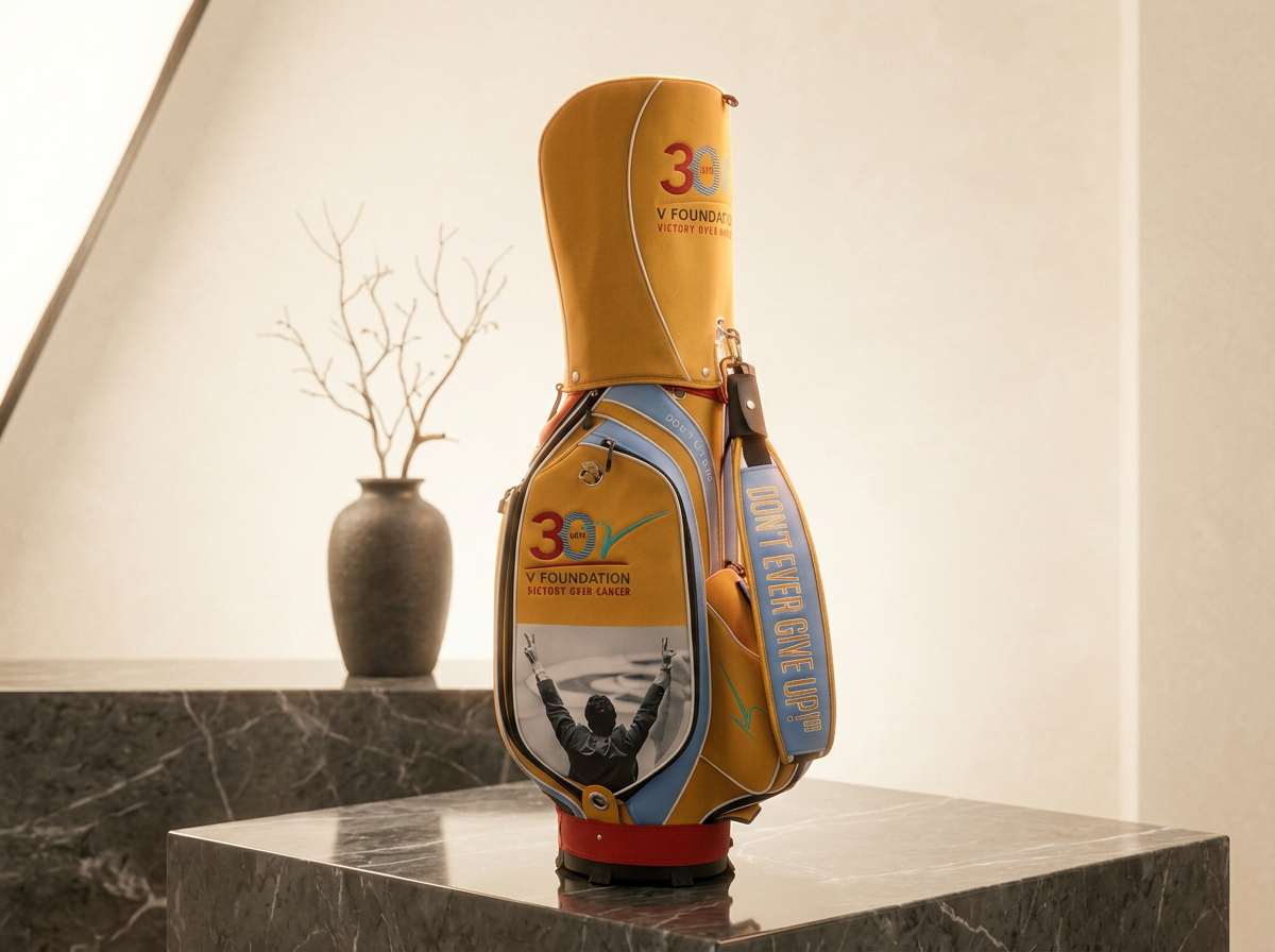 Jimmy V Foundation charity auction staff bag — yellow, blue and red with embroidered crest
