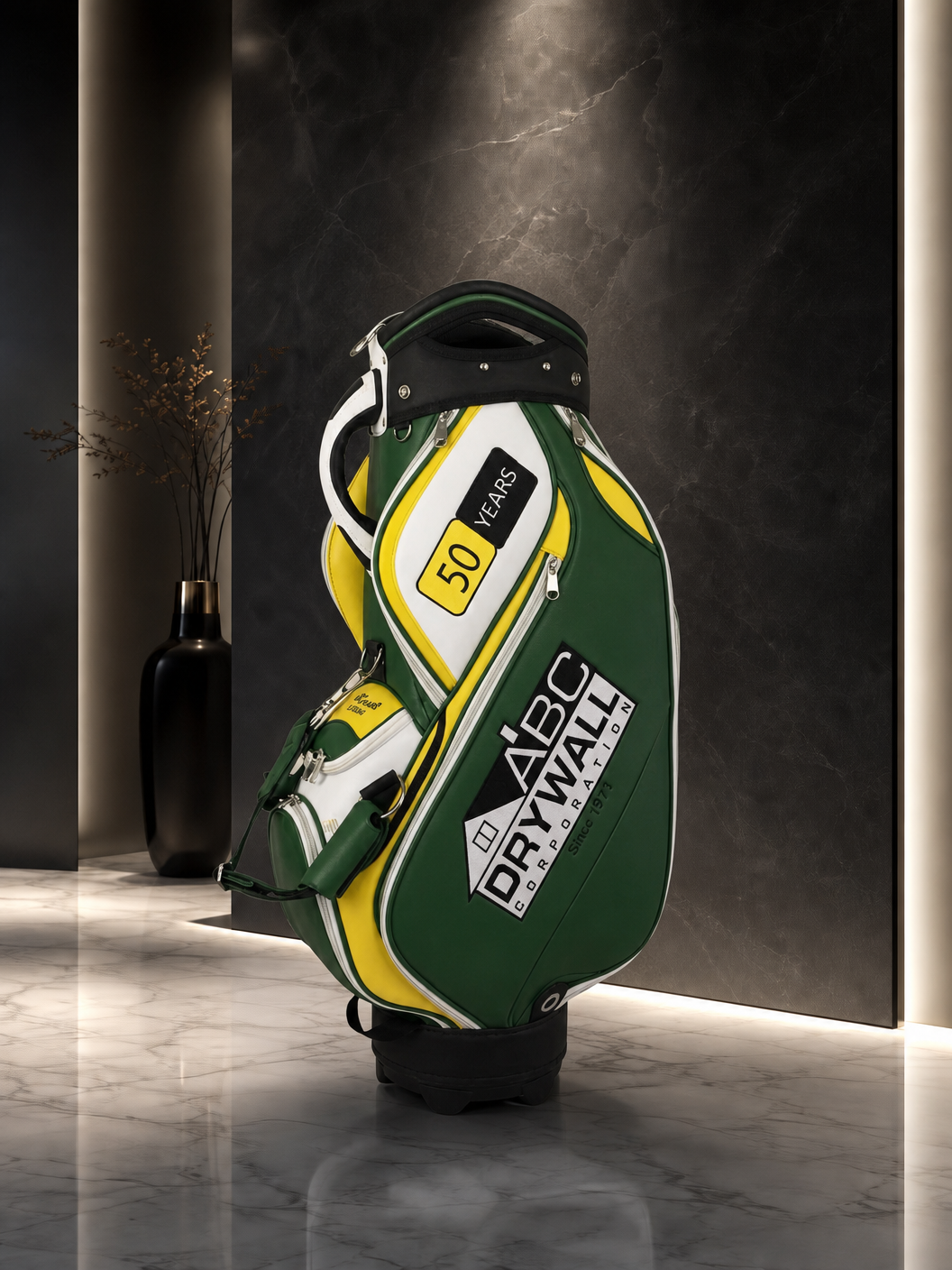 Company anniversary commemorative staff bag in green, white and gold celebrating 50 years in business
