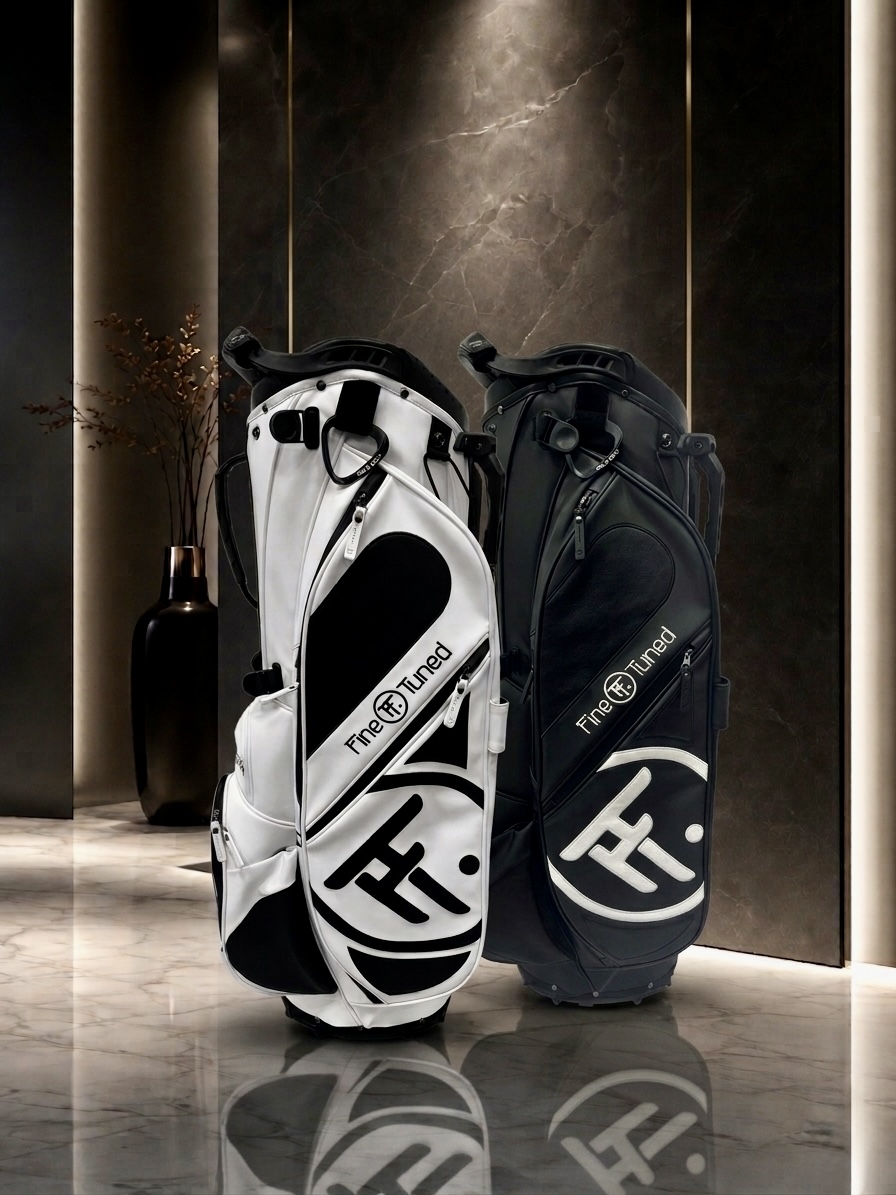 Private label monogram stand bag with full branding offered in both black and white colorways