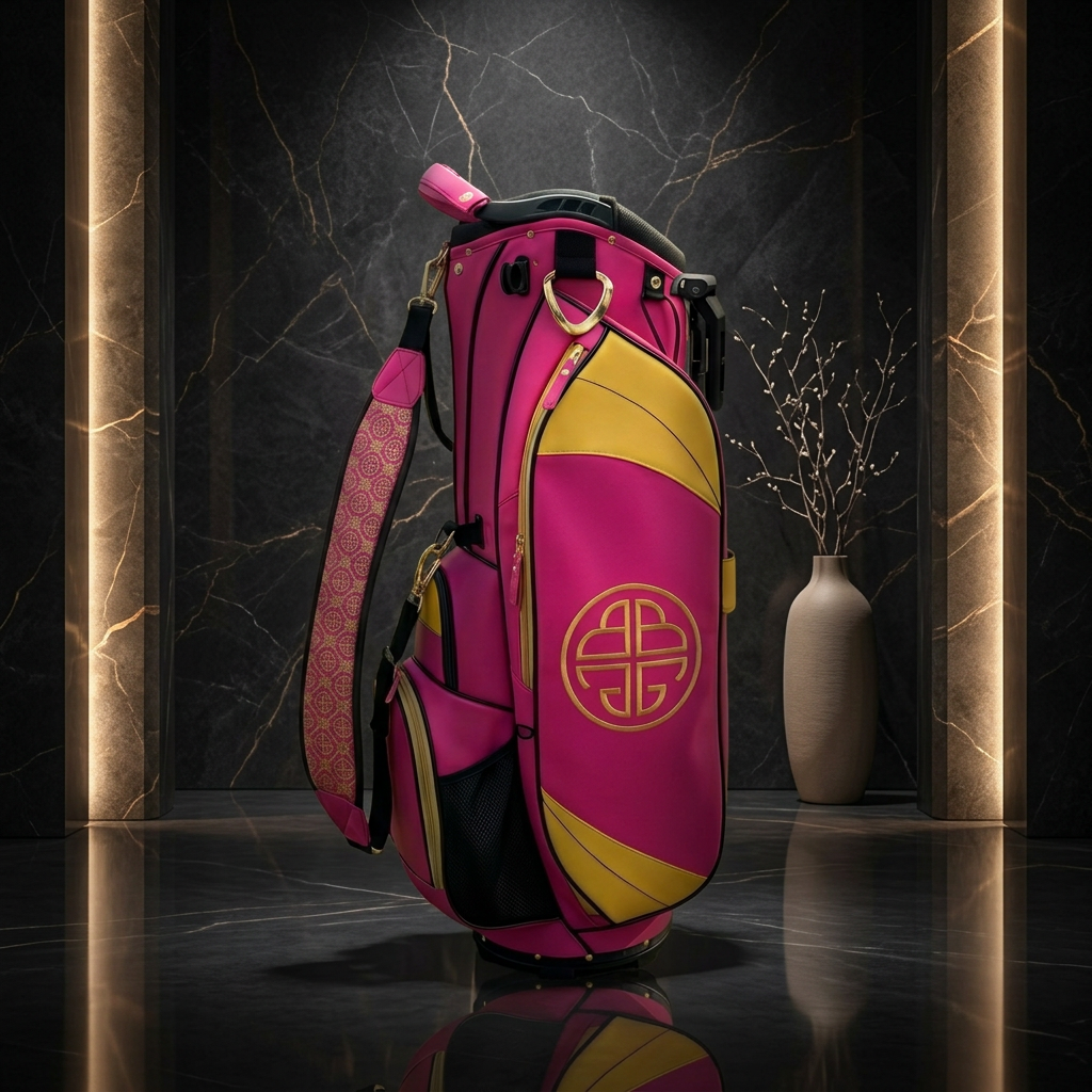 Family gift stand bag in magenta and gold with patterned strap