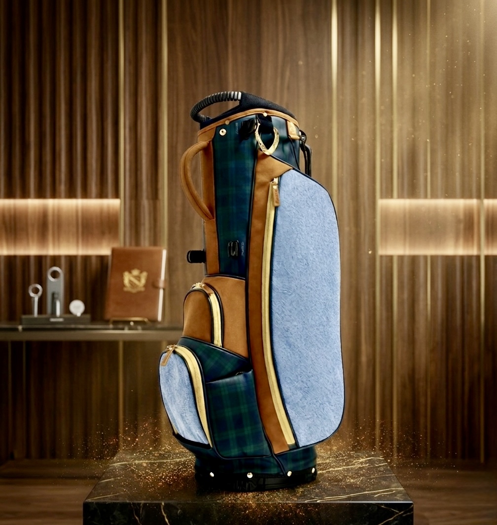 Family Heritage cart bag in blackwatch plaid, denim and tan leather with gold zippers