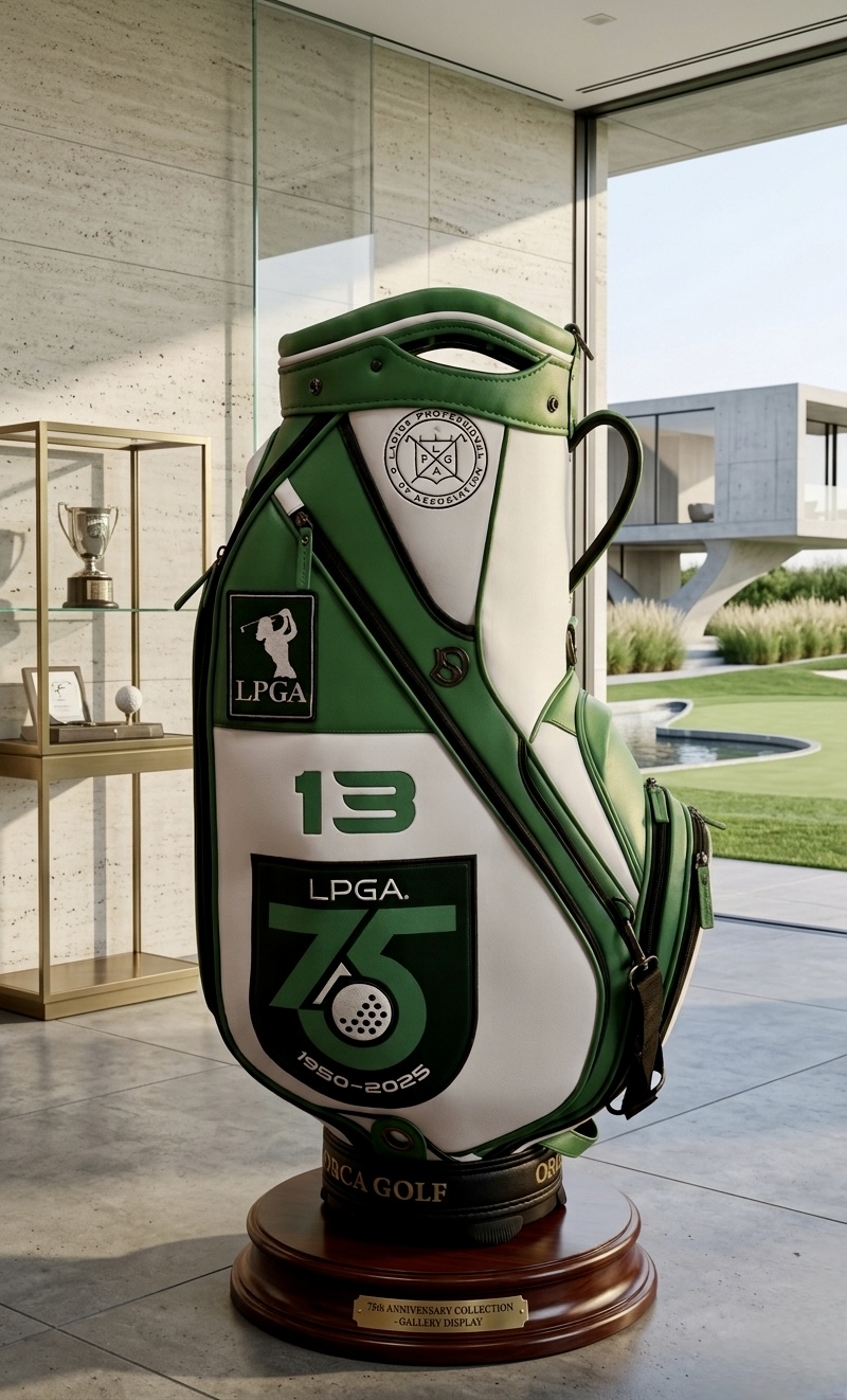 LPGA 75th Anniversary commemorative staff bag in green and white with LPGA crest, player number 13 and 1950–2025 anniversary shield on a gallery display plinth