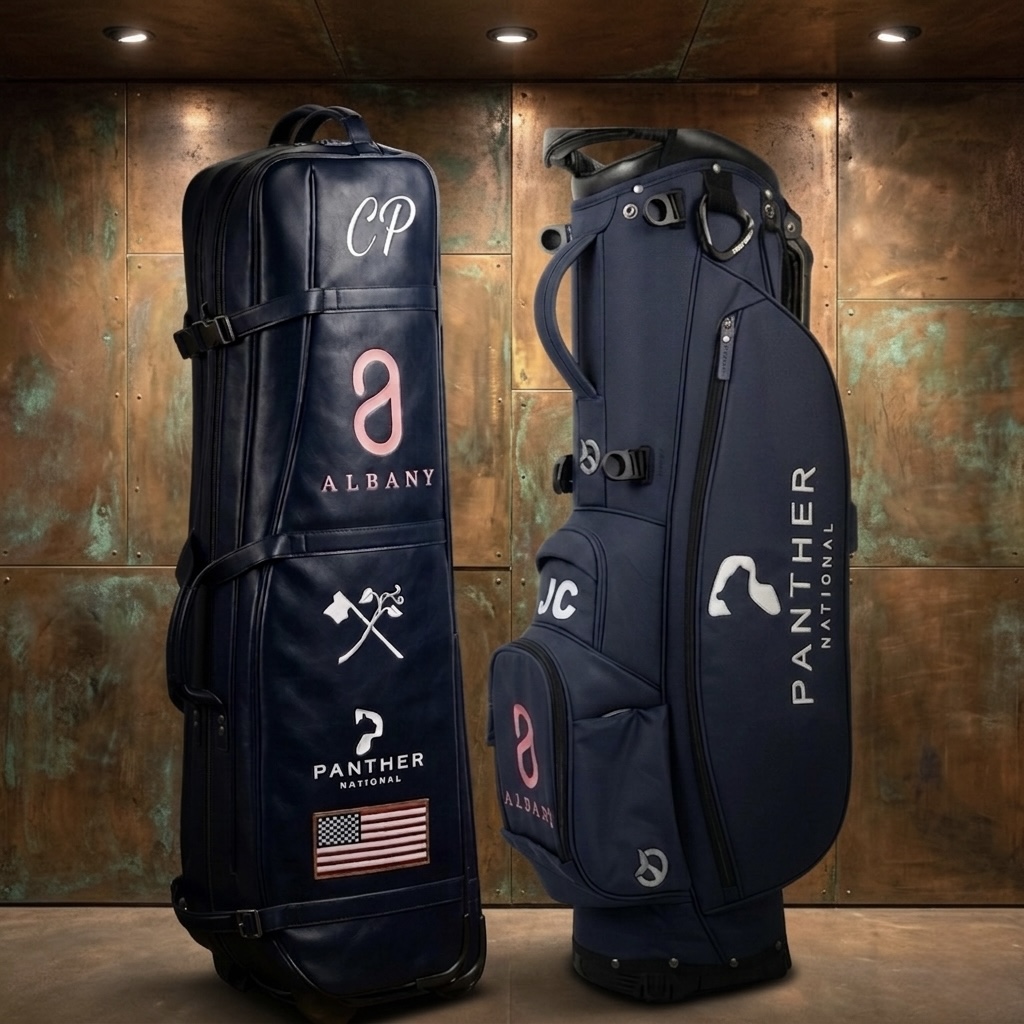 Panther National, Albany and Dutchman's Pipe matching navy stand bag and travel cover with monogrammed initials and club crests