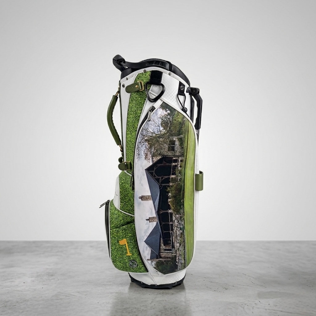 Tournament winner commemorative stand bag with full-wrap clubhouse photography on turf-green panels