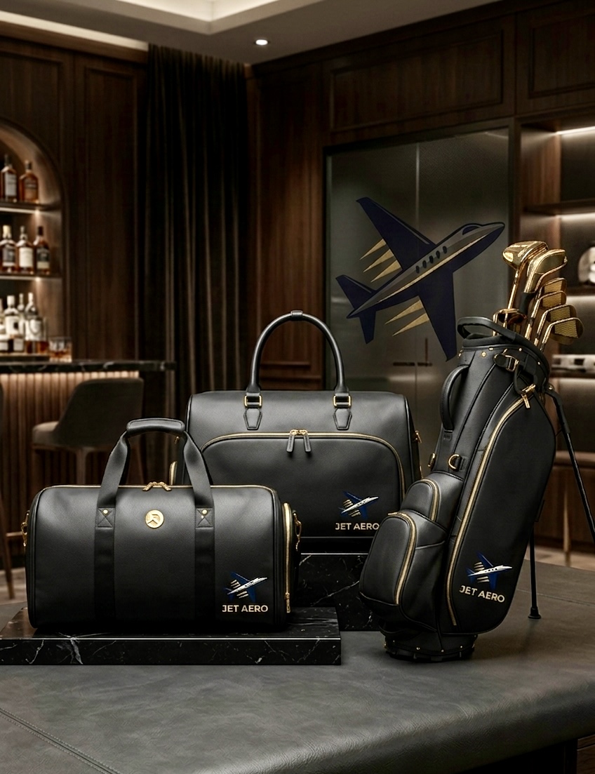 Black and gold Jet Aero staff bag with weekender and lifestyle duffle in a private club lounge.